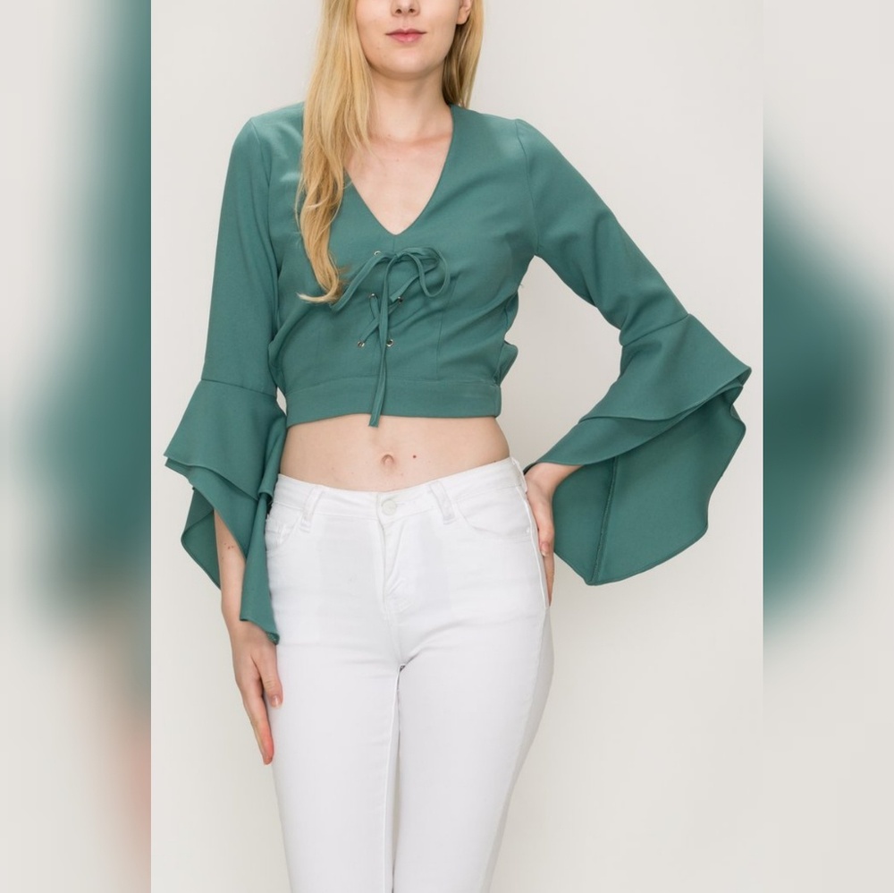Teal Bell Sleeve Crop Top
